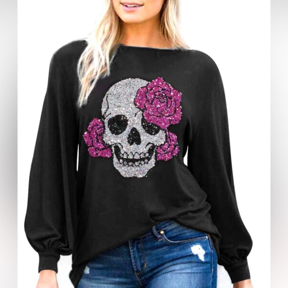 Black Sequence Skull and Rose Top